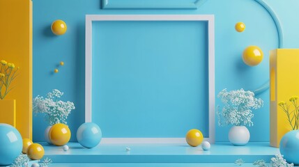Light blue podium with empty frame, yellow balls and white flowers. 3d rendering.