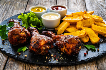 Roast chicken drumsticks and French fries on wooden table
