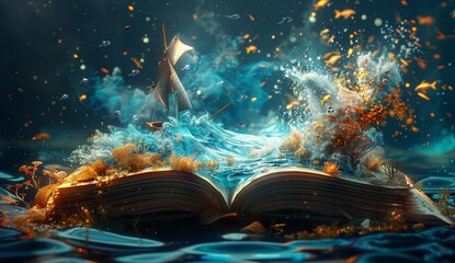 A beautiful and detailed painting of an open book with a stormy sea inside