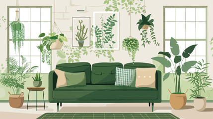 Interior of living room with green sofa and houseplant