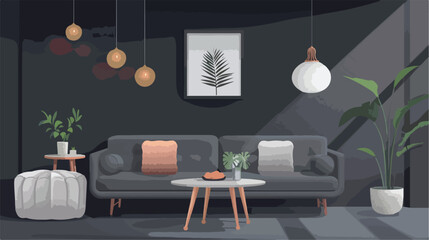 Interior of living room with grey sofa table and pouf