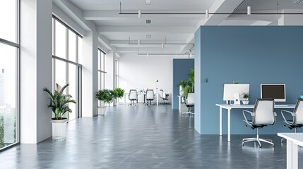 Contemporary Office Interior with White and Blue Open Space Design: Modern office interior with sleek design and sunlight