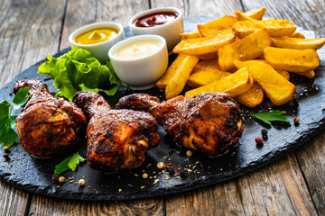 Roast chicken drumsticks and French fries on wooden table
