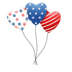 Balloon American Independence day flag cartoon. 4th July celebration american helium air balloons  heart shape. National USA symbol party surprise. Isolated png illustration