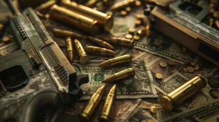 Bullets, money, weapons showing terroristic concept. hyper realistic 