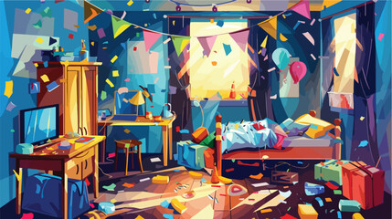 Interior of messy room after Birthday party Vector style