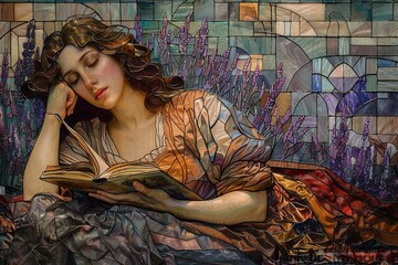 A hyperdetailed stained glass mural depicts a woman engrossed in a book, surrounded by blooming lavender 8K , high-resolution, ultra HD,up32K HD