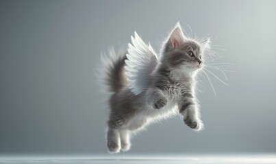 Flying Dreams A Kitten with Delicate Wings Soars in Soft Light