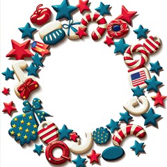 American Independence Day with a colorful wreath decorated with red, white and blue stars, stripes and patriotic symbols on a pristine white background. Ideal for holiday decorations and memorabilia