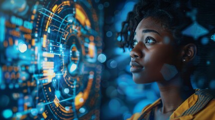AI cyber security threat concept with digital interface overlays, African American female IT specialist analyzing data, featuring blue technology graphics and matrix numbers, with