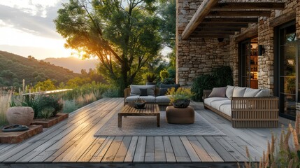 The outdoor terrace of the modern rustic farmhouse offers a blend of contemporary comfort and rustic charm