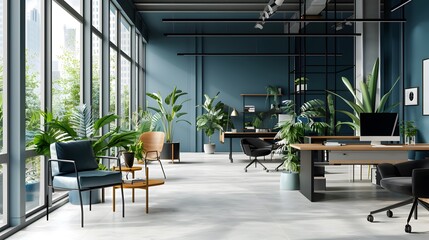 Contemporary Office Interior with White and Blue Open Space Design: Modern office space infused with greenery and natural light