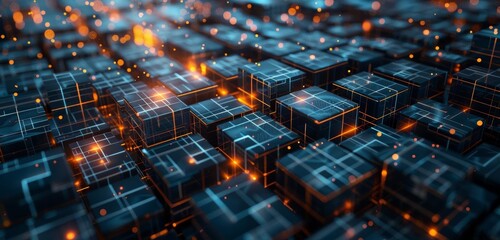 A glowing blue and orange circuit board with glowing orange lights.