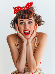 A pin-up holds her face in her hands with an astonished and surprised expression, with her mouth open and eyes gaping