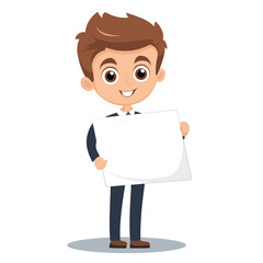 Young cartoon businessman holding blank sign smiling. Happy male professional presentation board empty space. Cheerful character showcasing white poster, business advertising concept