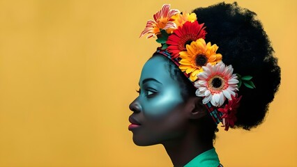 Colorful pop art collage of vintage African woman with flowers in hair. Concept Vintage African...