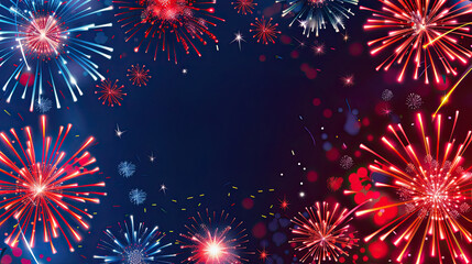 Fototapeta premium Colorful fireworks with stars on a blue background with empty space in the middle for text, perfect for patriotic events or celebrations. US Independence Day or other national holiday