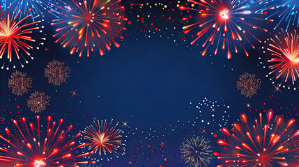 Fototapeta premium Colorful fireworks with stars on a blue background with empty space in the middle for text, perfect for patriotic events or celebrations. US Independence Day or other national holiday