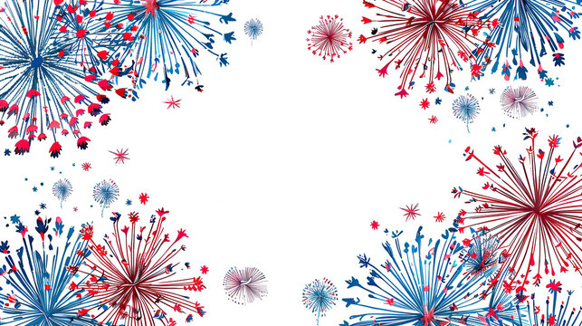 Colorful fireworks with stars on a white background with empty space in the middle for text, perfect for patriotic events or celebrations. US Independence Day or other national holiday