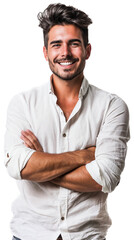 Fototapeta premium Confident smiling man in casual white shirt, arms crossed, showcasing pride and happiness, studio portrait. Isolated on transparent background