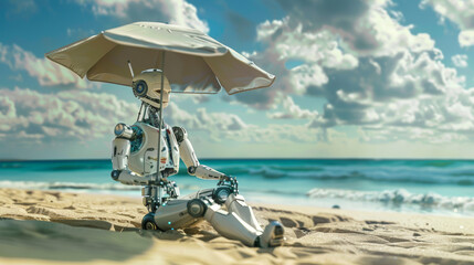 Obraz premium Robotic Retreat: Beachside Serenity. Generative AI