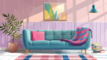 Interior of modern room with sofa armchair and knitte