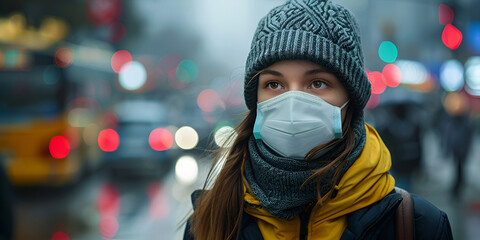 "Urban Elegance: Woman Wearing Face Mask in Bokeh Cityscape"