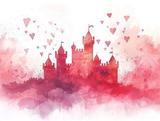 In a soft, romantic style, a watercolor silhouette portrays a red and pink hearts castle, a symbol of loves fortress 8K , high-resolution, ultra HD,up32K HD