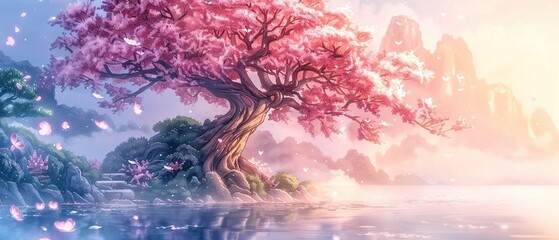 In an otherworldly display, a pink hearts pine tree materializes from fog and smoke, its form both elusive and enchanting