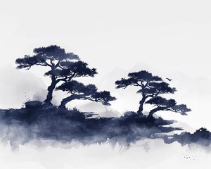 Japanese style trees depicted in a minimalistic ink drawing style, capturing the essence of tranquility and simplicity 8K , high-resolution, ultra HD,up32K HD