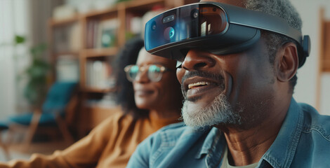 Elderly black man wearing an augmented reality headset, smiling and interacting with his wife in their living room.
