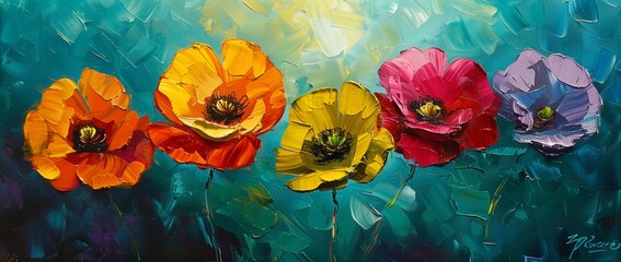 Oil painting of colorful poppy flowers on blue background. Summer time background.