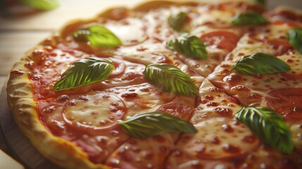 Close up of margherita pizza with fresh basil leaves.