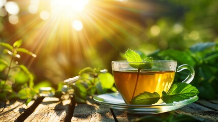 Glass cup of tea with fresh mint leaves on a wooden table.