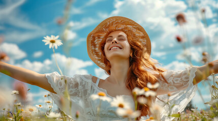 A beautiful woman in white dress and straw hat, with long red hair smiling happily, stands on the field of daisies under blue sky.