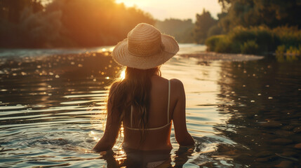 A beautiful young woman in a hat and swimsuit stands in the water of a river at sunset. View from the back.