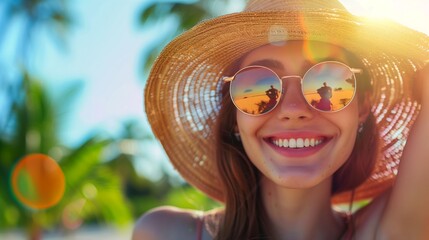 Close up portrait of happy smiling woman in sunglasses and straw hat enjoying sunny day at tropical beach.