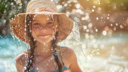 Close-up portrait of a happy little girl in a swimsuit in and straw hat standing under a water splash on a beach, copy space.