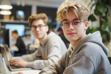 Two young smiling programmer students in the office working in front of a laptop. Looking into the camera.