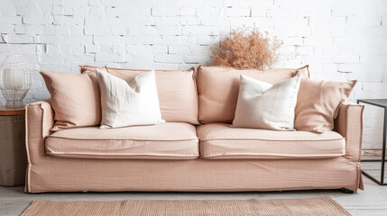 Minimalist home decor composition with a sofa and minimal elements. Interior design composition concept.