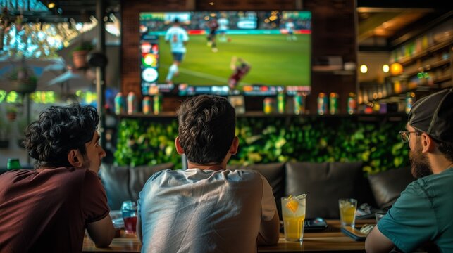 Friends are drinking a cocktail in a pub and watching a football match on TV.