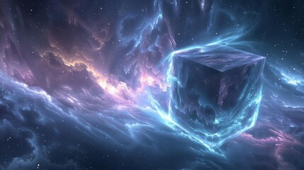 A beautiful space nebula with a glowing blue cube floating in the center