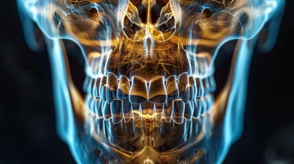 An X-ray of a skull shows the teeth and jaw in great detail. The image is clear and easy to read.