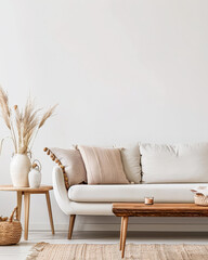 Minimalist home decor composition with a sofa and minimal elements. Interior design composition concept.