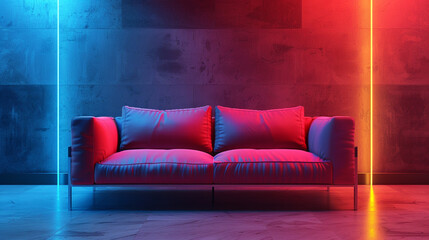minimalist sofa with neon highlights, abstract neon shapes in the background