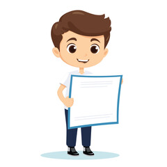 Young cartoon boy presenting blank placard smiling standing confident presenter display poster. Cartoon child holds empty sign board advertisement marketing space text. Cheerful kid illustration