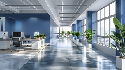 Contemporary Office Interior with White and Blue Open Space Design: Modern office space basked in natural light with a view
