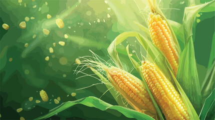 Fresh corn cobs with husk on green background Vector