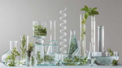Various glassware containing green plants and liquids, depicting botanical research and natural science.