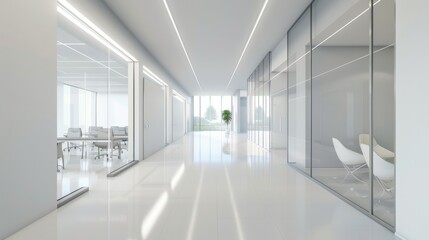 Fototapeta premium Modern office corridor or hallway interior with empty space over the white wall and the meeting room hyper realistic 